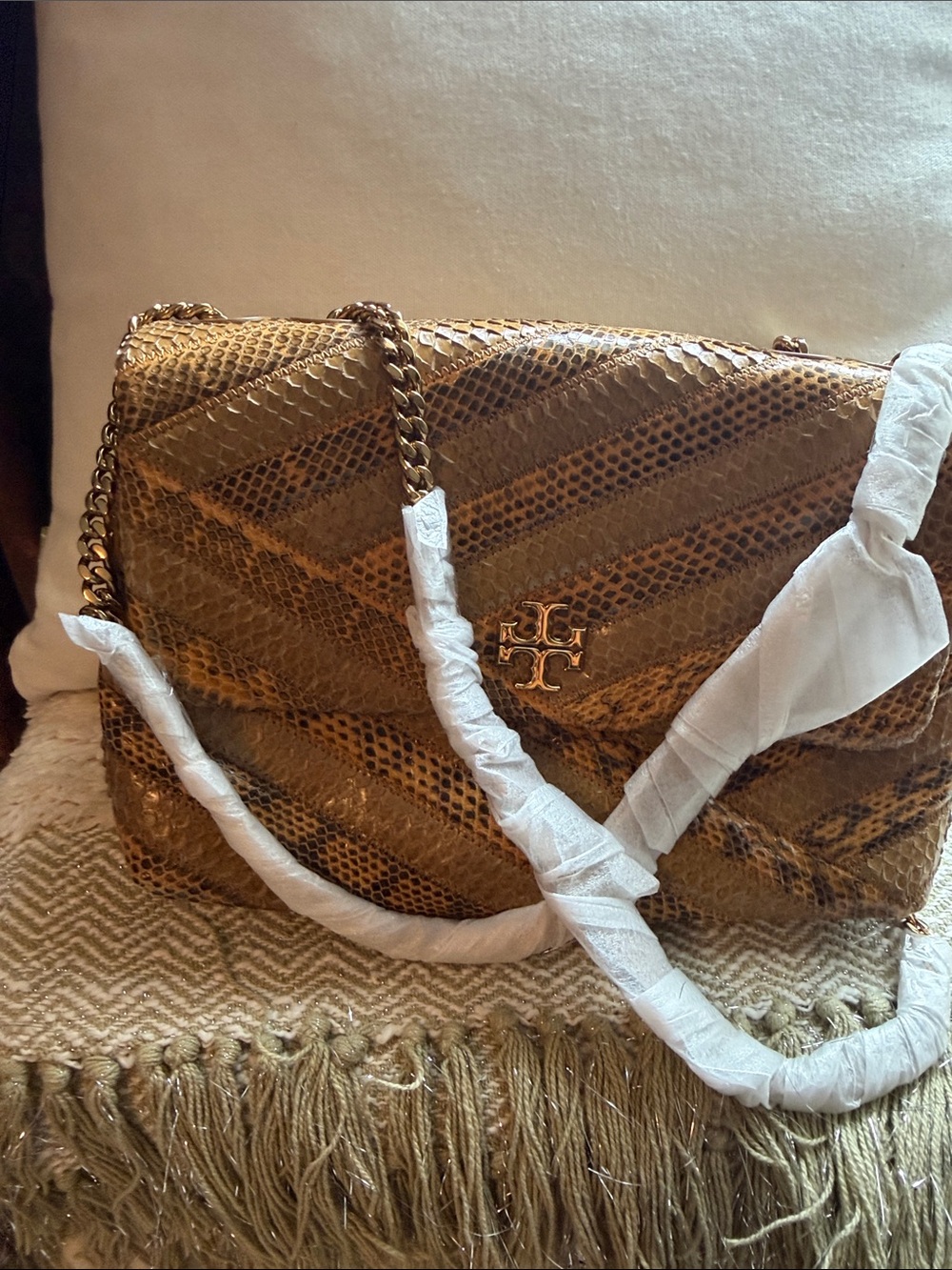 Tory Burch Quilted Snake-Embossed Shoulder Bag in Brown with Gold Hardware